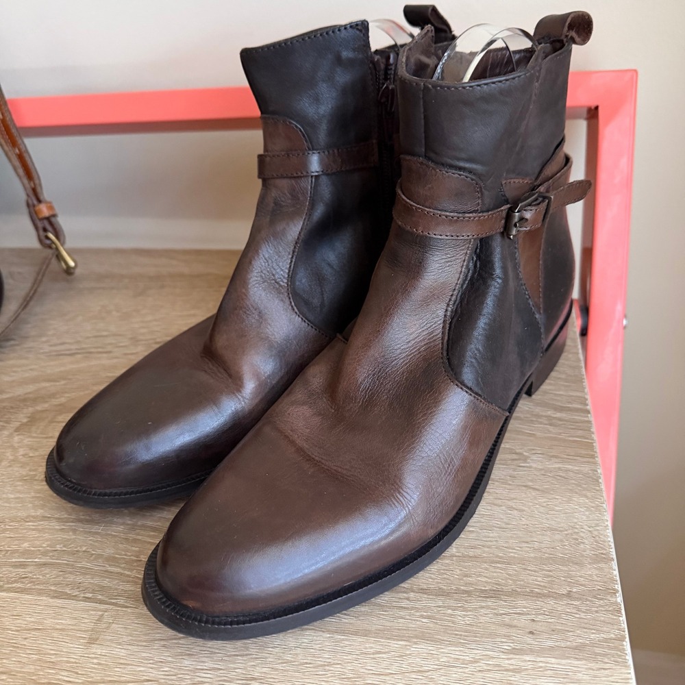Stellamoda Italian Leather Ankle Boots Two Tone Brown Buckle Strap Size 39